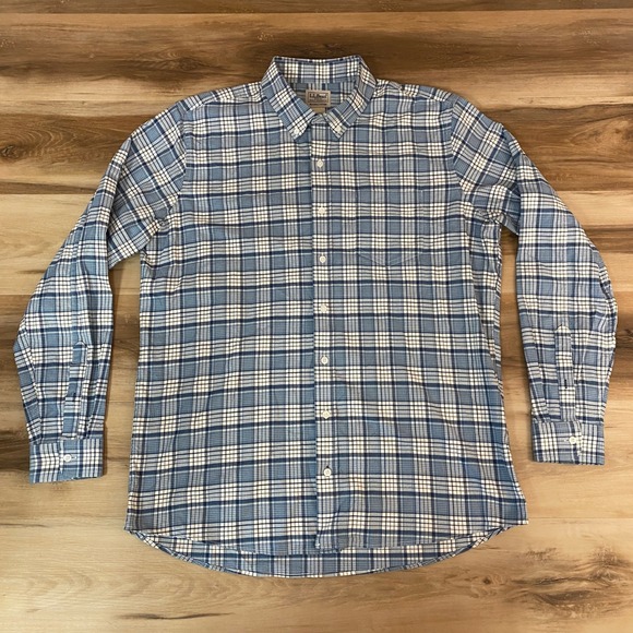 LL Bean Oxford Shirt Mens Large Tall Blue Plaid Button Down Comfort Stretch - Picture 1 of 8
